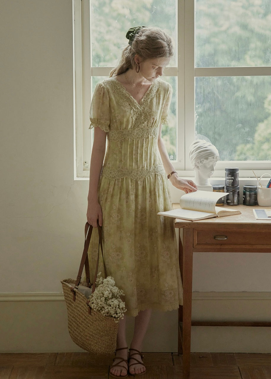 Elowen V-Neck Floral Lace Trim Dress