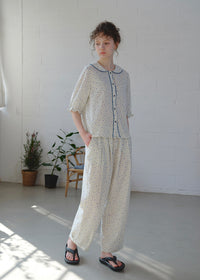 Blue Calm Cotton Pajama Set Floral Piping Collar Loose Lounge Set