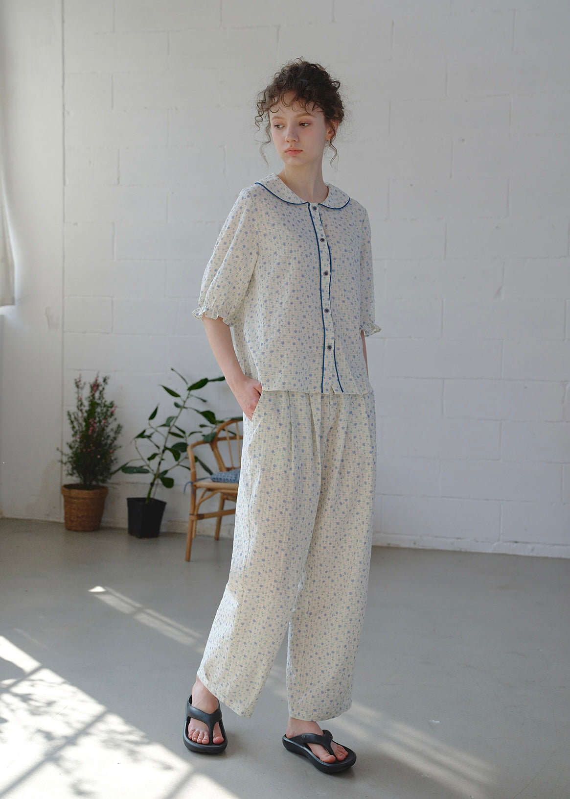 Blue Calm Cotton Pajama Set Floral Piping Collar Loose Lounge Set