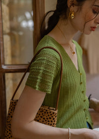 Été Knit Button Top | Slim Fit V-Neck Ribbed Summer Cardigan Blouse(2COLOR)