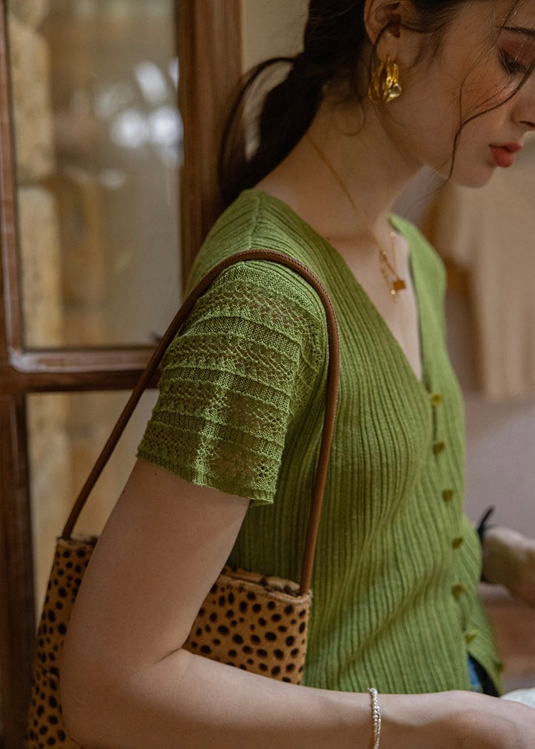 Été Knit Button Top | Slim Fit V-Neck Ribbed Summer Cardigan Blouse(2COLOR)