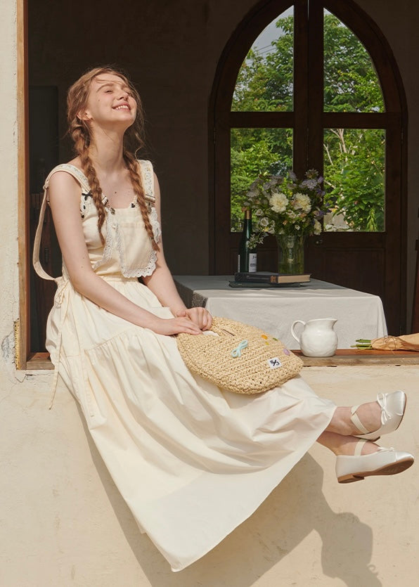 Daisy Lace Suspender Cream Vintage Maxi with Embroidered Bib
