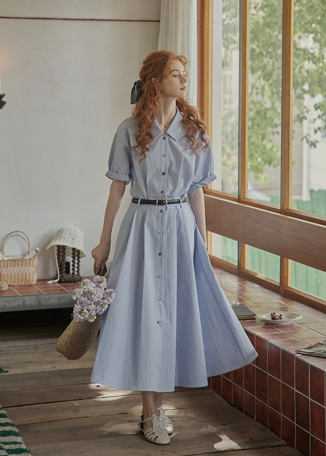 Morning Letter Stripe Dress | Classic Blue Shirt Dress