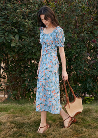 Blossom Breeze Dress | Puff Sleeve Blue Floral Summer Dress
