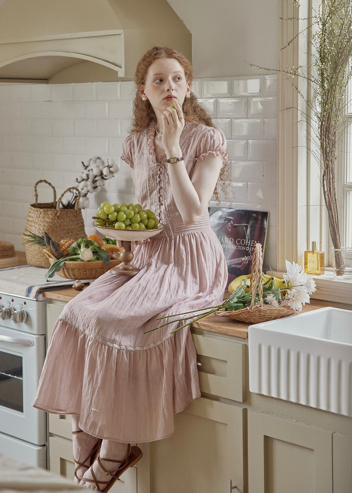 Blush Pink Lace Vintage Short Sleeve Summer Dress