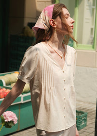 Marseille Cream Button Blouse | Soft Vintage Short Sleeve Top