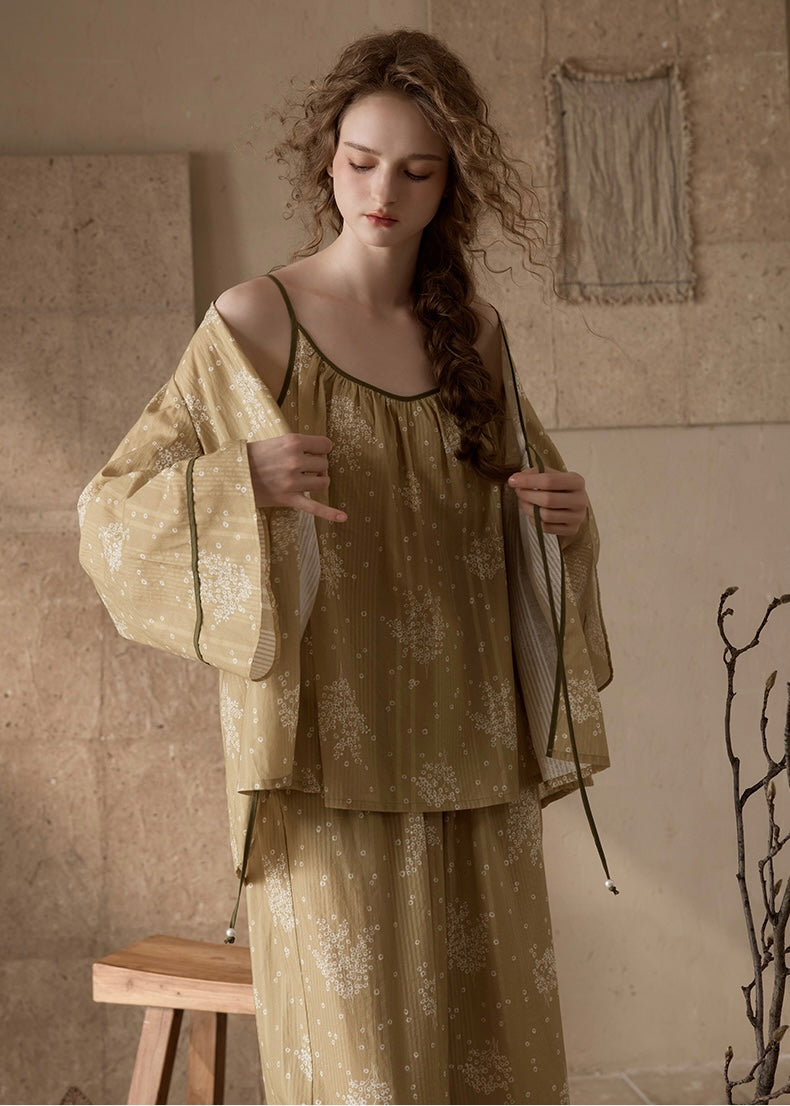 Evening Bloom 3-Piece Cotton Vintage Pajama Set