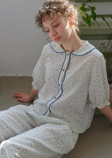 Blue Calm Cotton Pajama Set Floral Piping Collar Loose Lounge Set