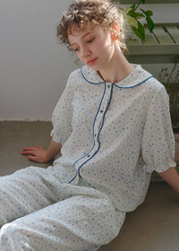 Blue Calm Cotton Pajama Set Floral Piping Collar Loose Lounge Set
