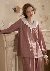 Vintage Pink Lace Collar Long Sleeve Women's Pajama Set