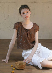 Cocoa Dots Short Sleeve Ribbon Tie Blouse