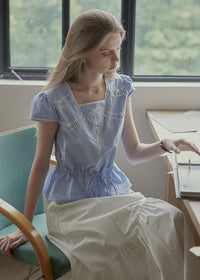 Elodie Blue Gingham Embroidered Tie-Waist Blouse