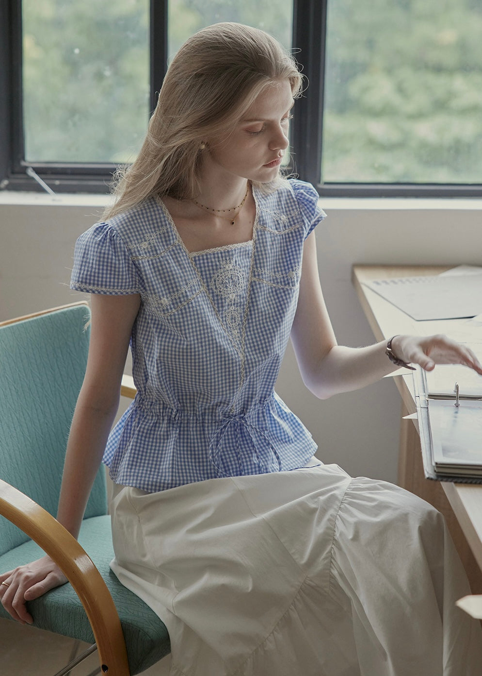Elodie Blue Gingham Embroidered Tie-Waist Blouse