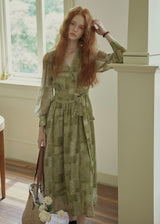 Vintage Sage Green Floral Wrap Maxi Dress