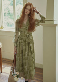 Vintage Sage Green Floral Wrap Maxi Dress
