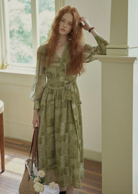 Vintage Sage Green Floral Wrap Maxi Dress