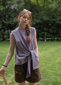 Lavender Knot Gingham Sleeveless Wrap Blouse