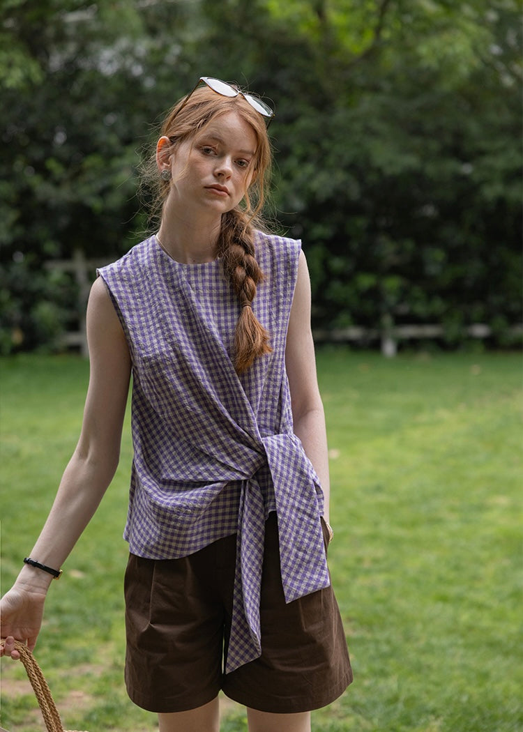 Lavender Knot Gingham Sleeveless Wrap Blouse