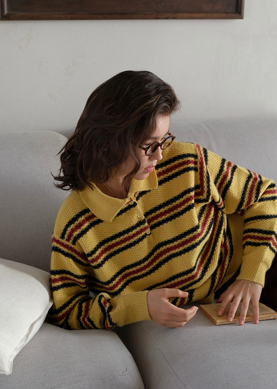 Vintage Striped Polo Collar Color Block Knit Sweater
