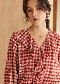 Rosie Ruffle Blouse | Vintage Red Gingham Floral Embroidered Top
