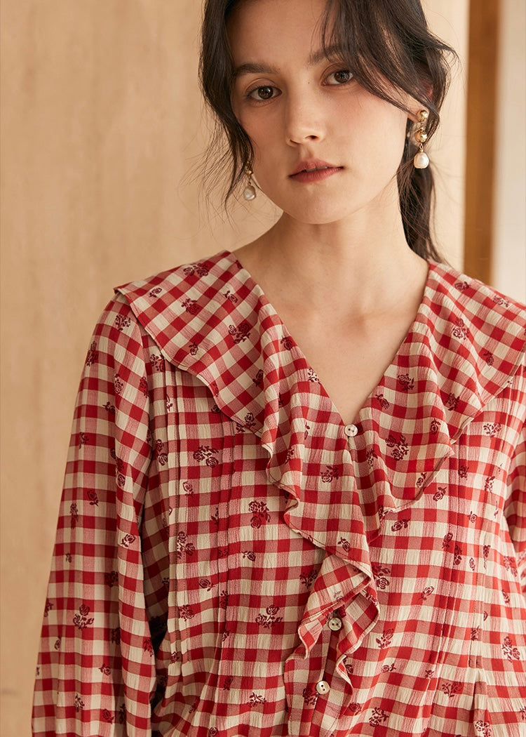 Rosie Ruffle Blouse | Vintage Red Gingham Floral Embroidered Top