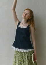 Lace Patchwork Denim Camisole Square Neck Sleeveless Top