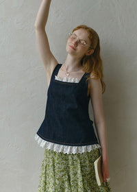 Lace Patchwork Denim Camisole Square Neck Sleeveless Top