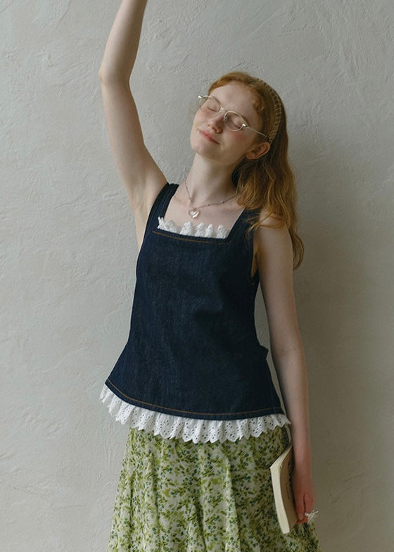 Lace Patchwork Denim Camisole Square Neck Sleeveless Top