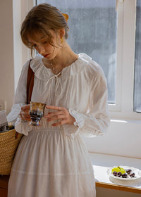 Evening Poem Ruffled White Lace & Navy Check Dress(2COROL)