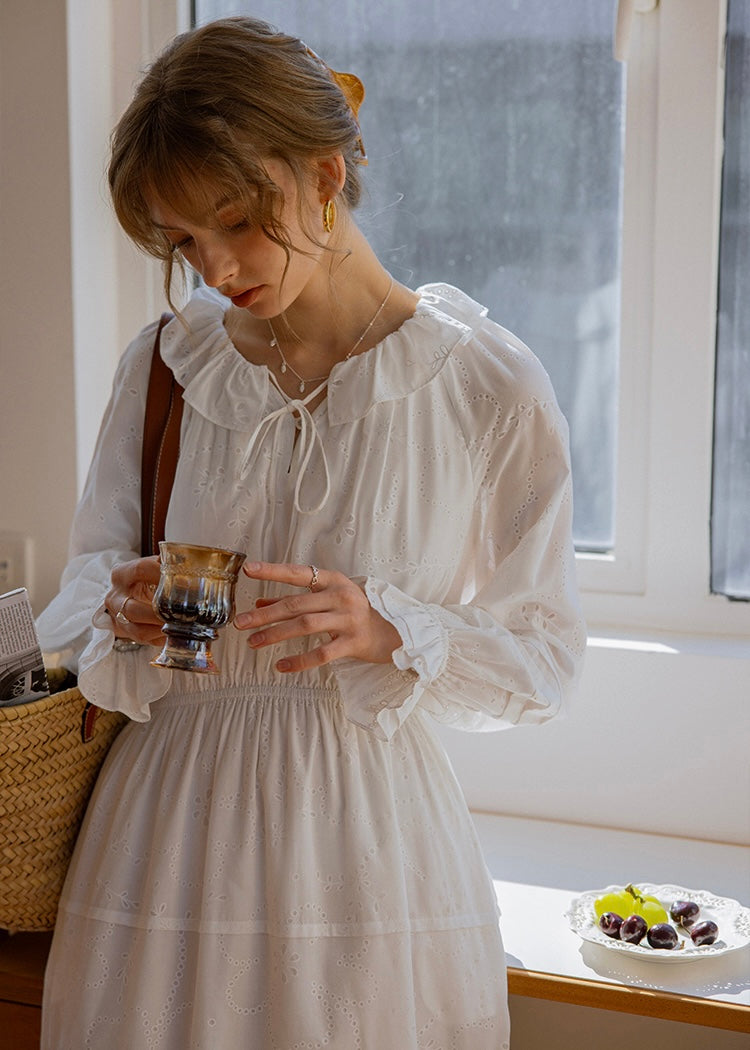 Evening Poem Ruffled White Lace & Navy Check Dress(2COROL)