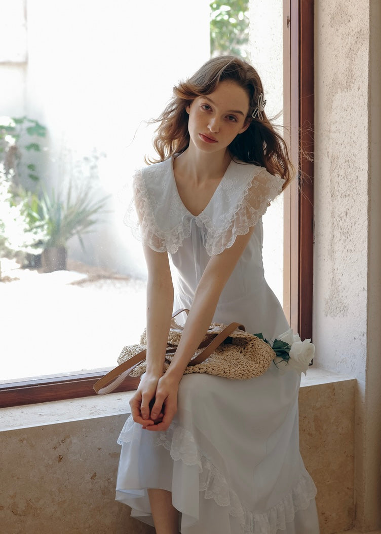 Blue Lullaby Vintage Lace Collar Sleeveless Summer Dress