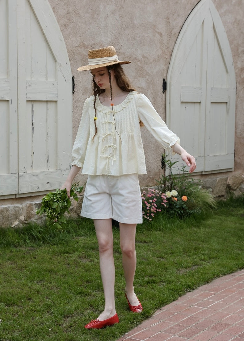 Light Yellow Ribbon Pin-tuck Romantic Vintage Blouse