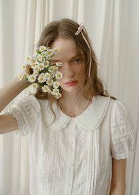 Evelyn Eyelet Blouse | Vintage White Cotton Shirt with Pintuck and Lace Collar