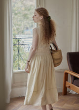 Ivory Lace Pintuck Button Front Midi Dress Sleeveless Vintage