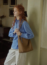 Vintage Blue Stand Collar Long Sleeve Blouse