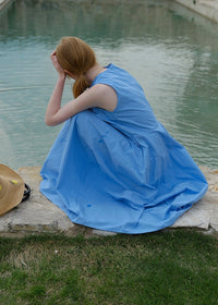 Sky Blue Sleeveless Cotton Summer Loose and Slim Dress