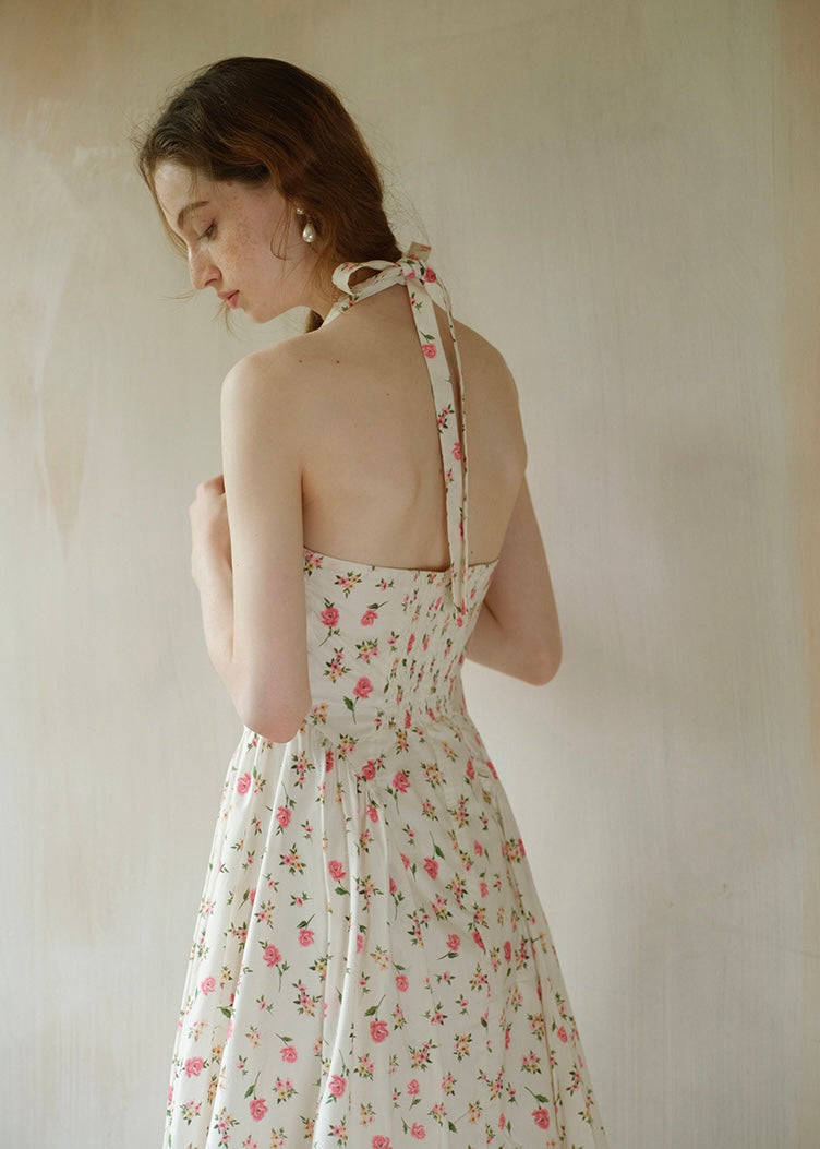 Summer Poem Rose Print Halter Backless Dress