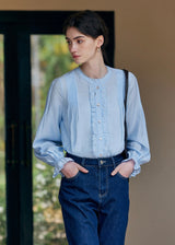 Cloudlight Pin Tuck Blouse | Vintage Blue Long Sleeve Ruffle Shirt