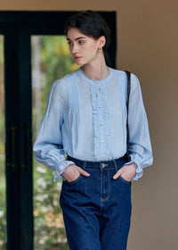 Cloudlight Pin Tuck Blouse | Vintage Blue Long Sleeve Ruffle Shirt
