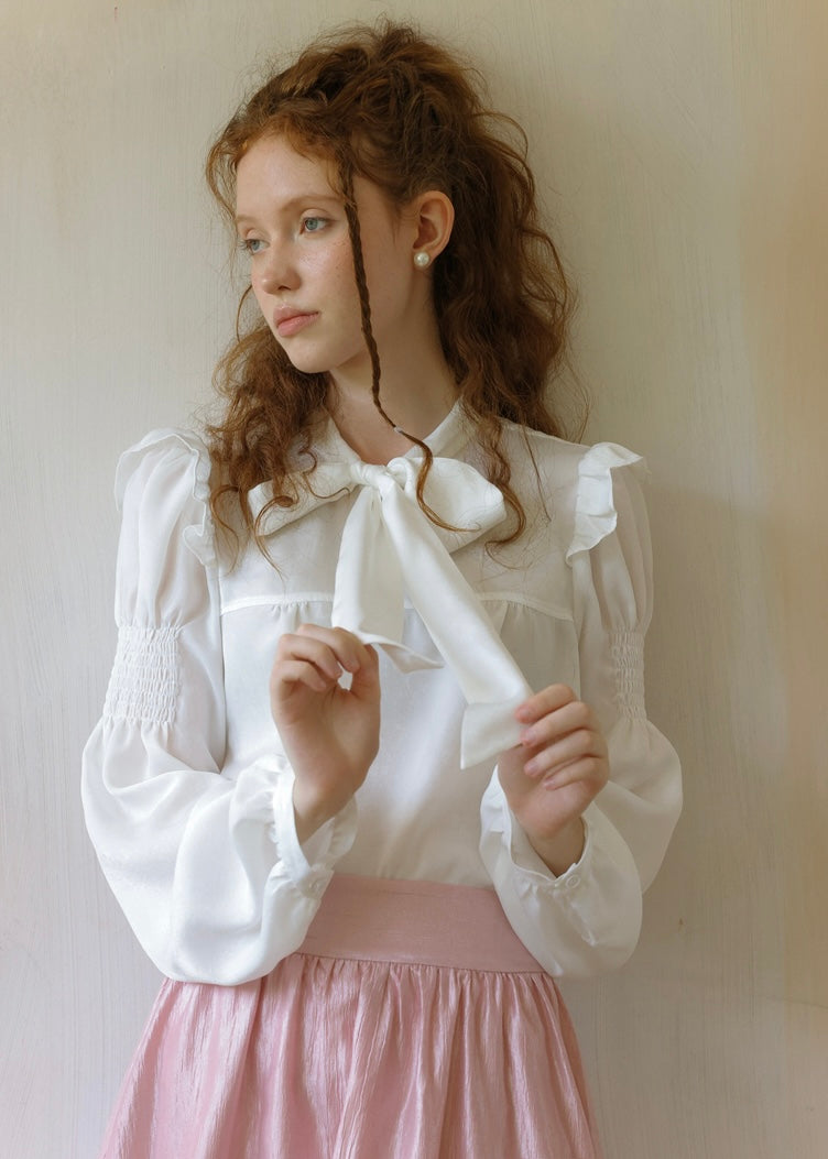 Romantic Vintage Bow Tie White Puff Sleeve Blouse