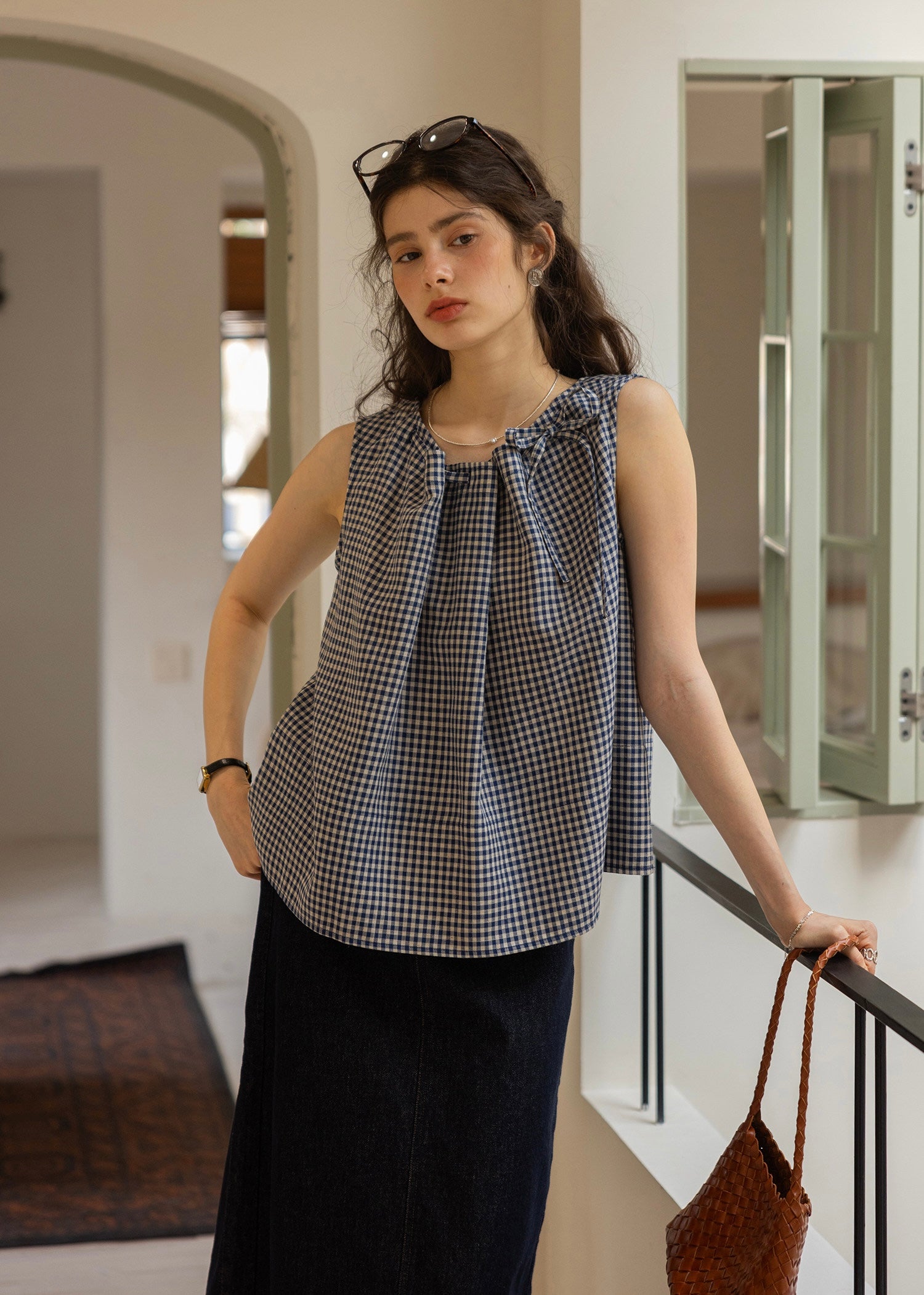 Blue Gingham Ribbon Tie Sleeveless A-Line Top