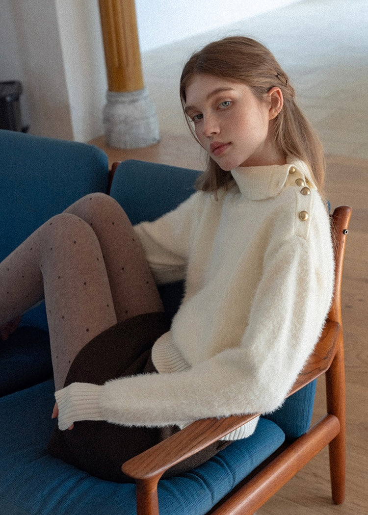 Cream Apricot Diagonal Button Collar Knit Sweater