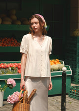 Marseille Cream Button Blouse | Soft Vintage Short Sleeve Top