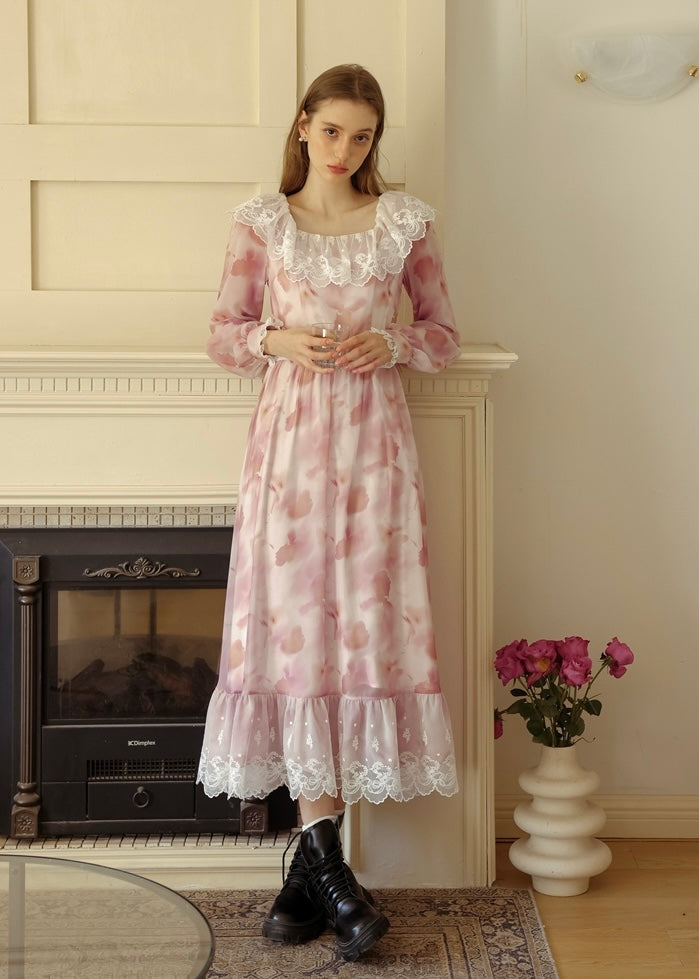 Rose Mist Lace Collar Romantic Vintage Long Dress
