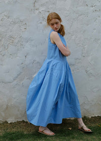 Sky Blue Sleeveless Cotton Summer Loose and Slim Dress