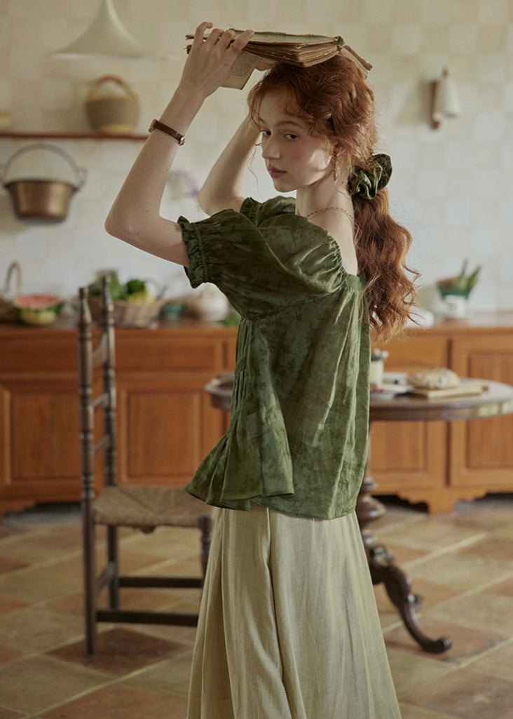 Château Garden Pintuck Blouse | Vintage Dark Green Peplum Top