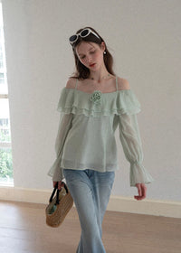 Lumière Mint Off-Shoulder Ruffle Blouse