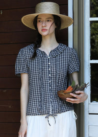 Midnight Check Ruffle Collar Short Sleeve Blouse