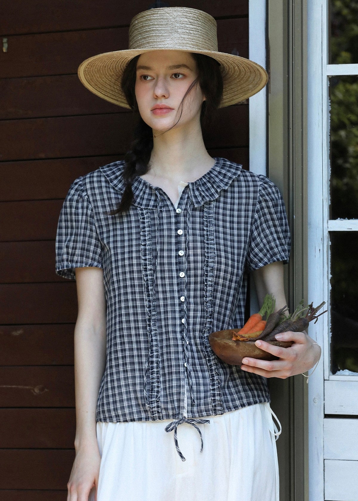 Midnight Check Ruffle Collar Short Sleeve Blouse