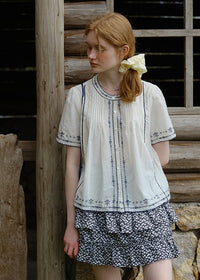 Blue Thread Embroidered Vintage Short Sleeve Blouse